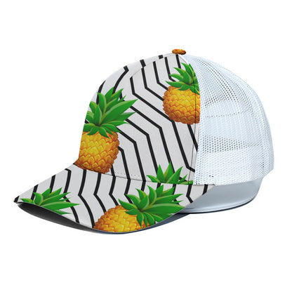 Black Geometric Pineapple Pattern Print White Mesh Trucker Cap