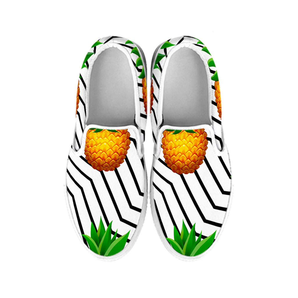 Black Geometric Pineapple Pattern Print White Slip On Sneakers