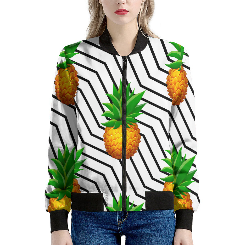 Black Geometric Pineapple Pattern Print Women's Bomber Jacket