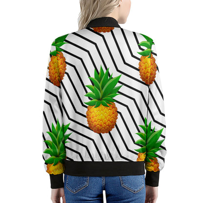 Black Geometric Pineapple Pattern Print Women's Bomber Jacket