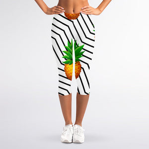 Black Geometric Pineapple Pattern Print Women's Capri Leggings