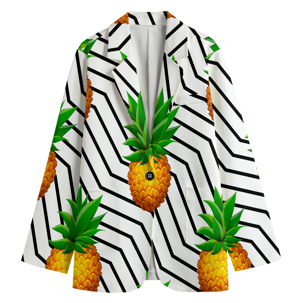 Black Geometric Pineapple Pattern Print Women's Cotton Blazer