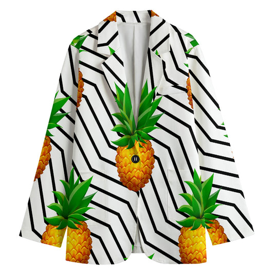 Black Geometric Pineapple Pattern Print Women's Cotton Blazer
