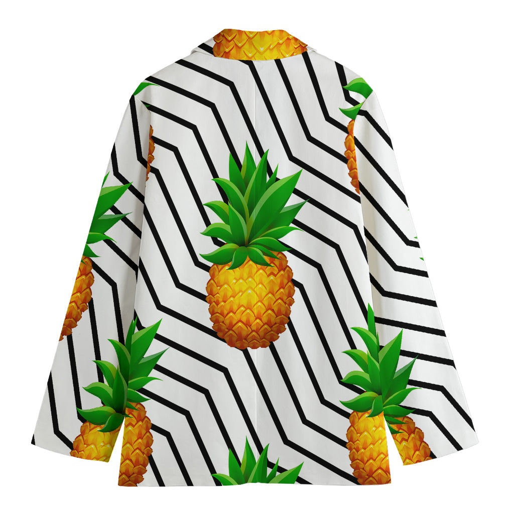 Black Geometric Pineapple Pattern Print Women's Cotton Blazer