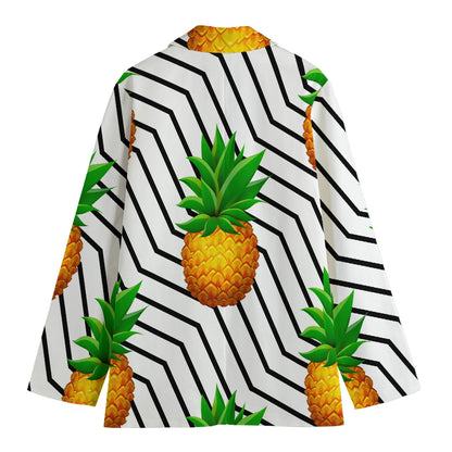 Black Geometric Pineapple Pattern Print Women's Cotton Blazer