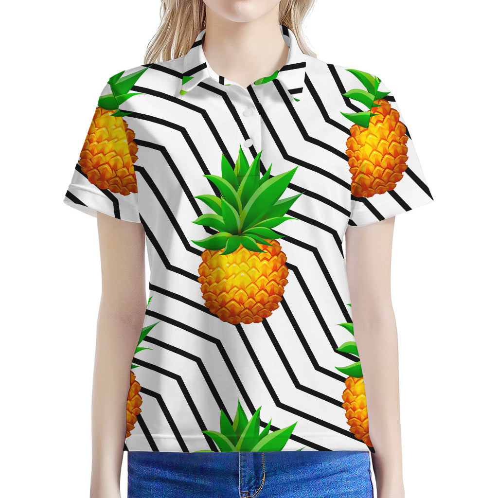 Black Geometric Pineapple Pattern Print Women's Polo Shirt