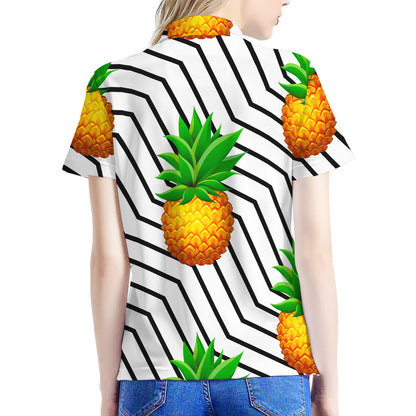 Black Geometric Pineapple Pattern Print Women's Polo Shirt