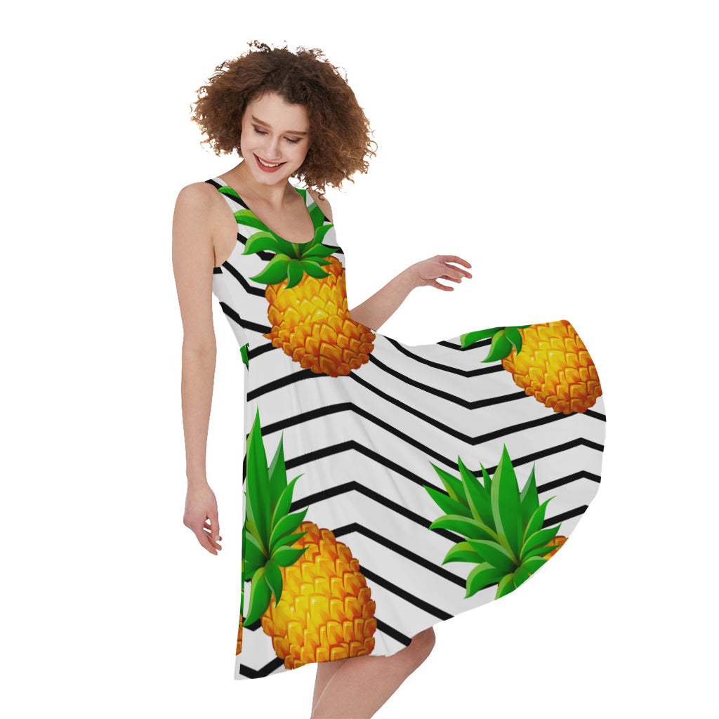 Black Geometric Pineapple Pattern Print Women's Sleeveless Dress