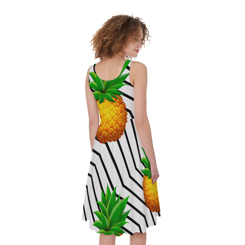 Black Geometric Pineapple Pattern Print Women's Sleeveless Dress