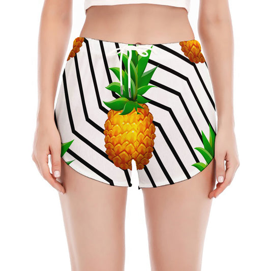 Black Geometric Pineapple Pattern Print Women's Split Running Shorts