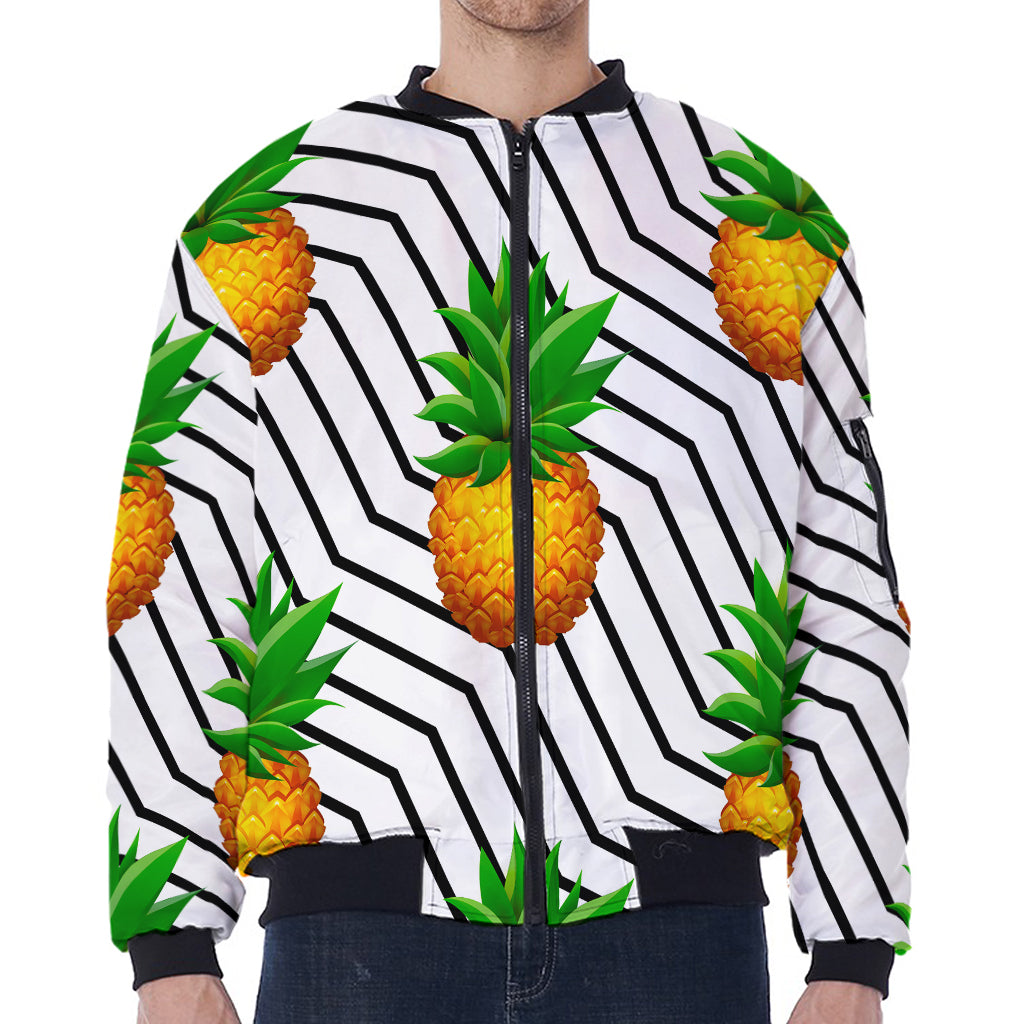 Black Geometric Pineapple Pattern Print Zip Sleeve Bomber Jacket