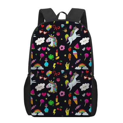 Black Girly Unicorn Pattern Print 17 Inch Backpack
