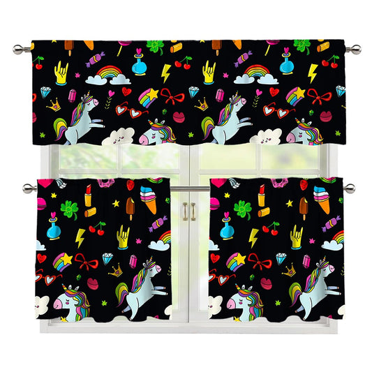 Black Girly Unicorn Pattern Print 3 Piece Kitchen Curtains
