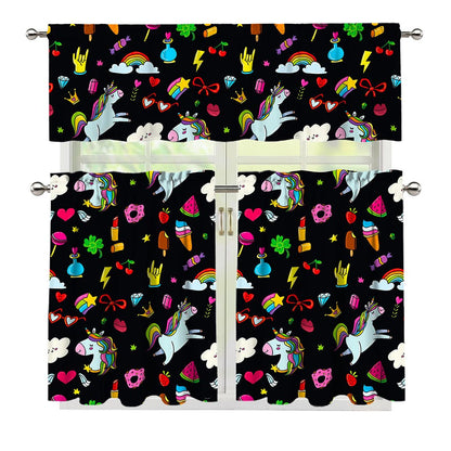 Black Girly Unicorn Pattern Print 3 Piece Kitchen Curtains