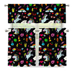 Black Girly Unicorn Pattern Print 3 Piece Kitchen Curtains