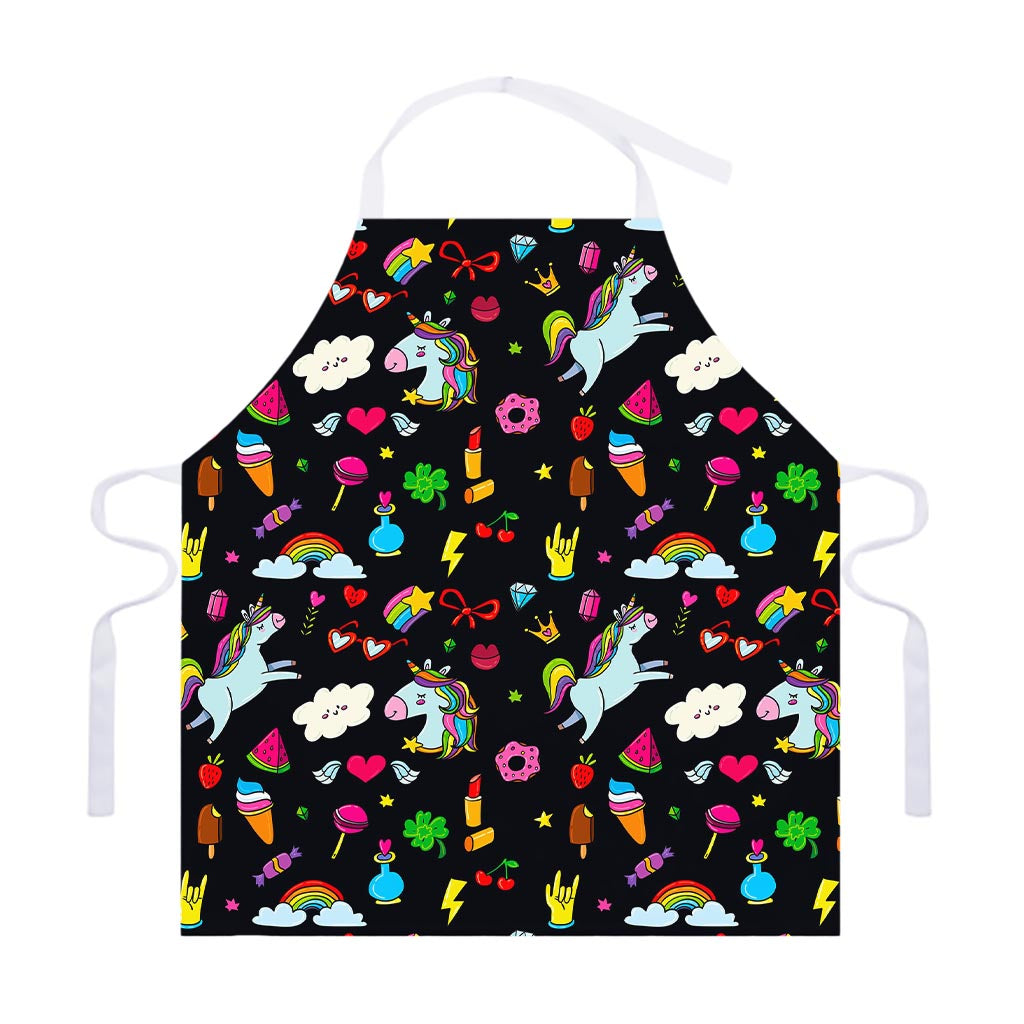 Black Girly Unicorn Pattern Print Adjustable Apron