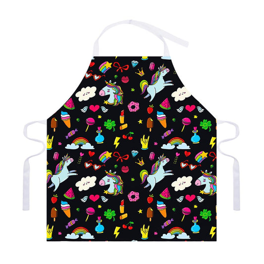 Black Girly Unicorn Pattern Print Adjustable Apron
