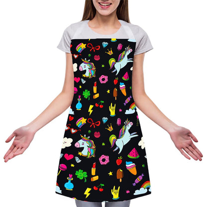 Black Girly Unicorn Pattern Print Adjustable Apron