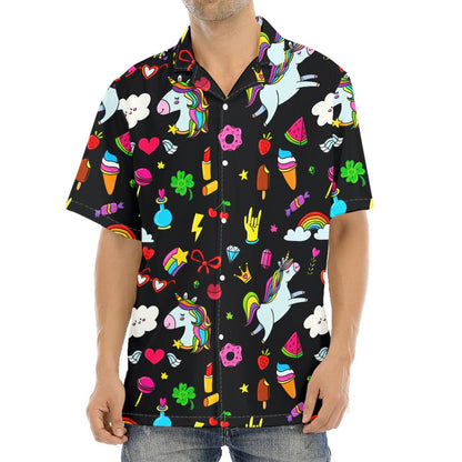 Black Girly Unicorn Pattern Print Aloha Shirt