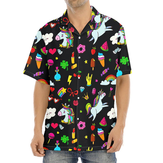 Black Girly Unicorn Pattern Print Aloha Shirt
