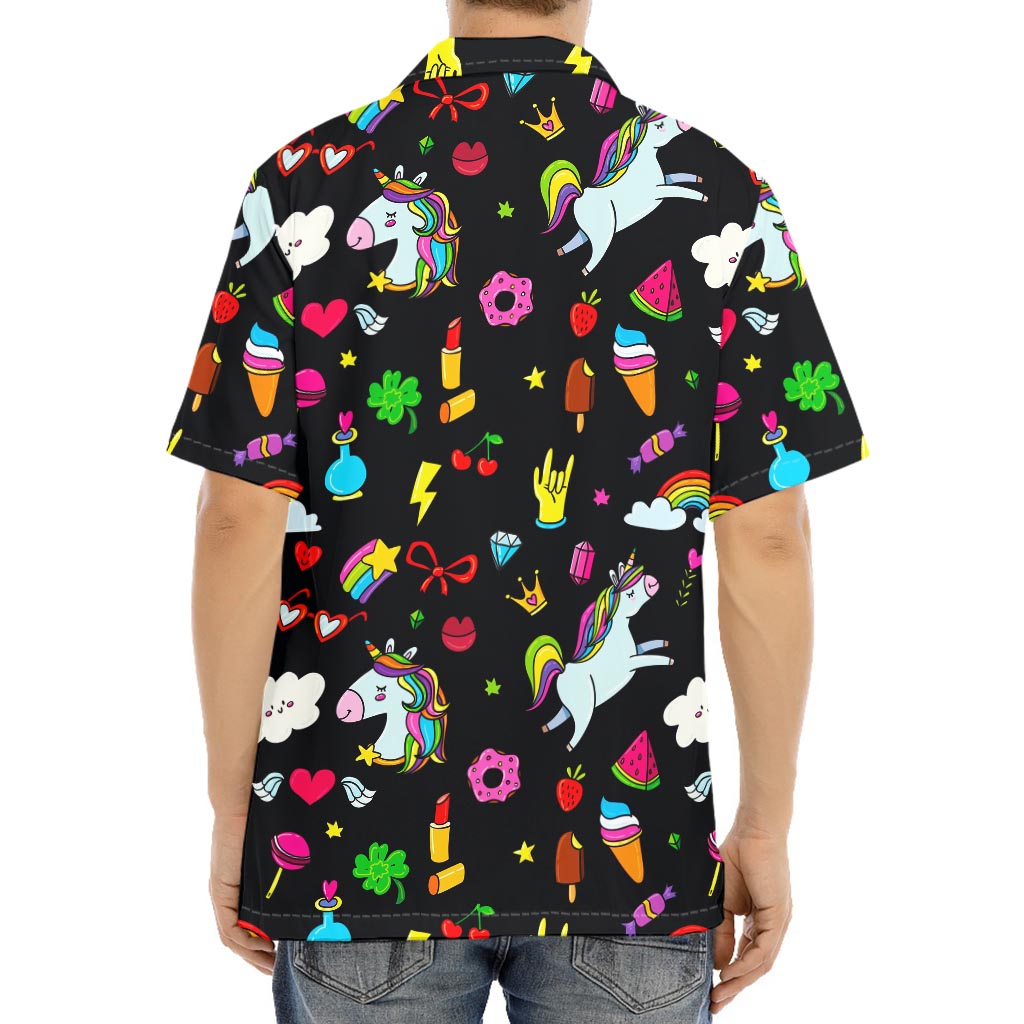 Black Girly Unicorn Pattern Print Aloha Shirt