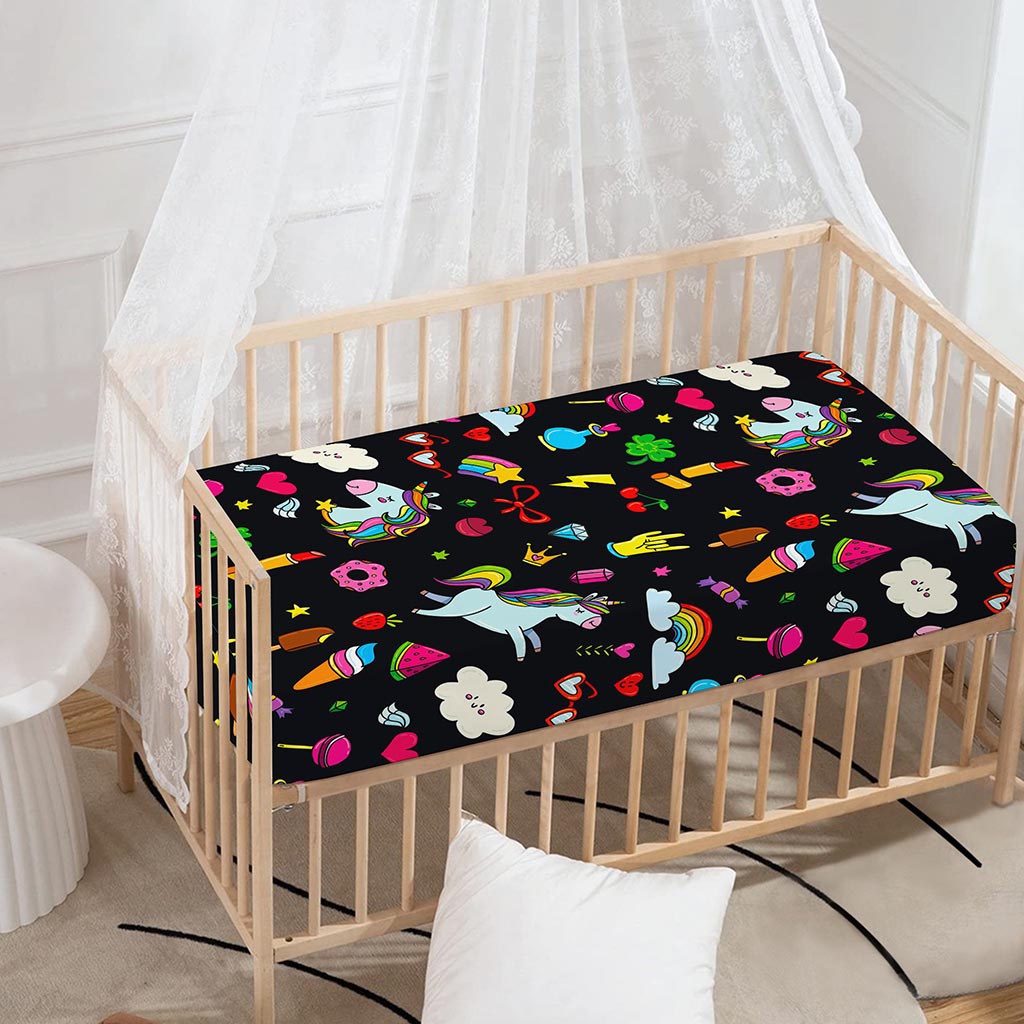 Black Girly Unicorn Pattern Print Baby Crib Sheet
