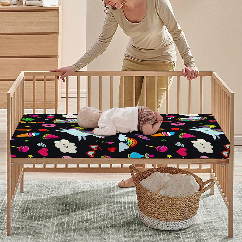 Black Girly Unicorn Pattern Print Baby Crib Sheet