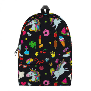 Black Girly Unicorn Pattern Print Backpack