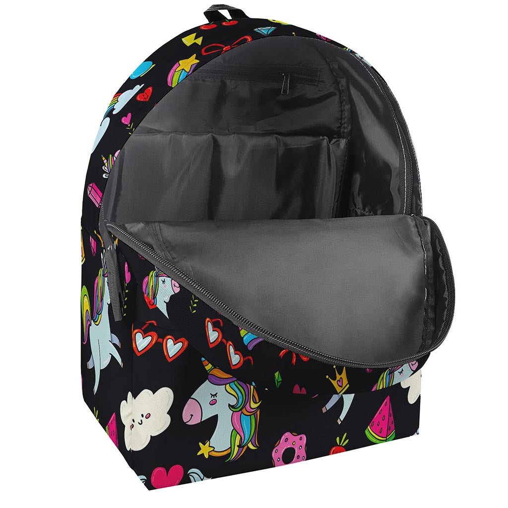 Black Girly Unicorn Pattern Print Backpack