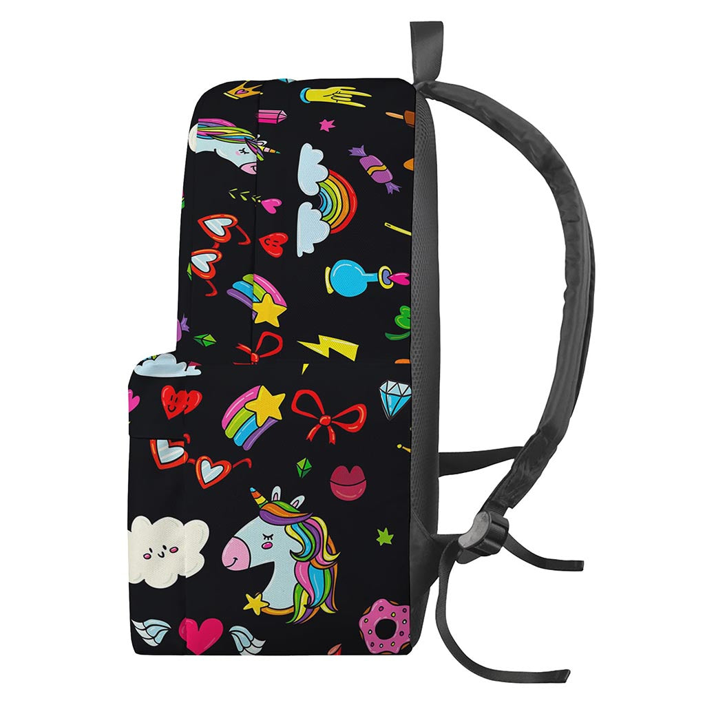 Black Girly Unicorn Pattern Print Backpack