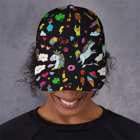 Black Girly Unicorn Pattern Print Baseball Cap