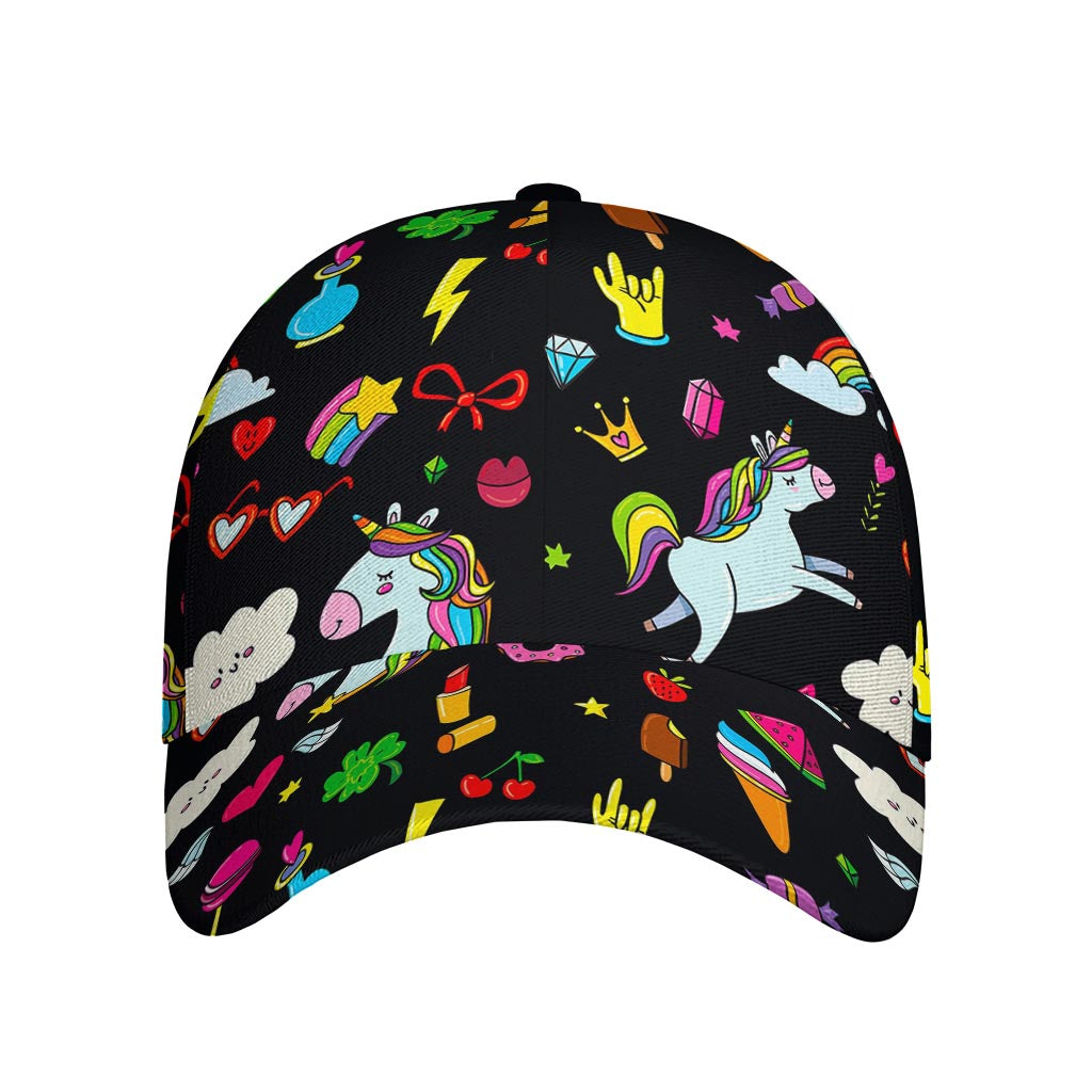 Black Girly Unicorn Pattern Print Baseball Cap