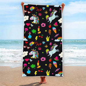 Black Girly Unicorn Pattern Print Beach Towel