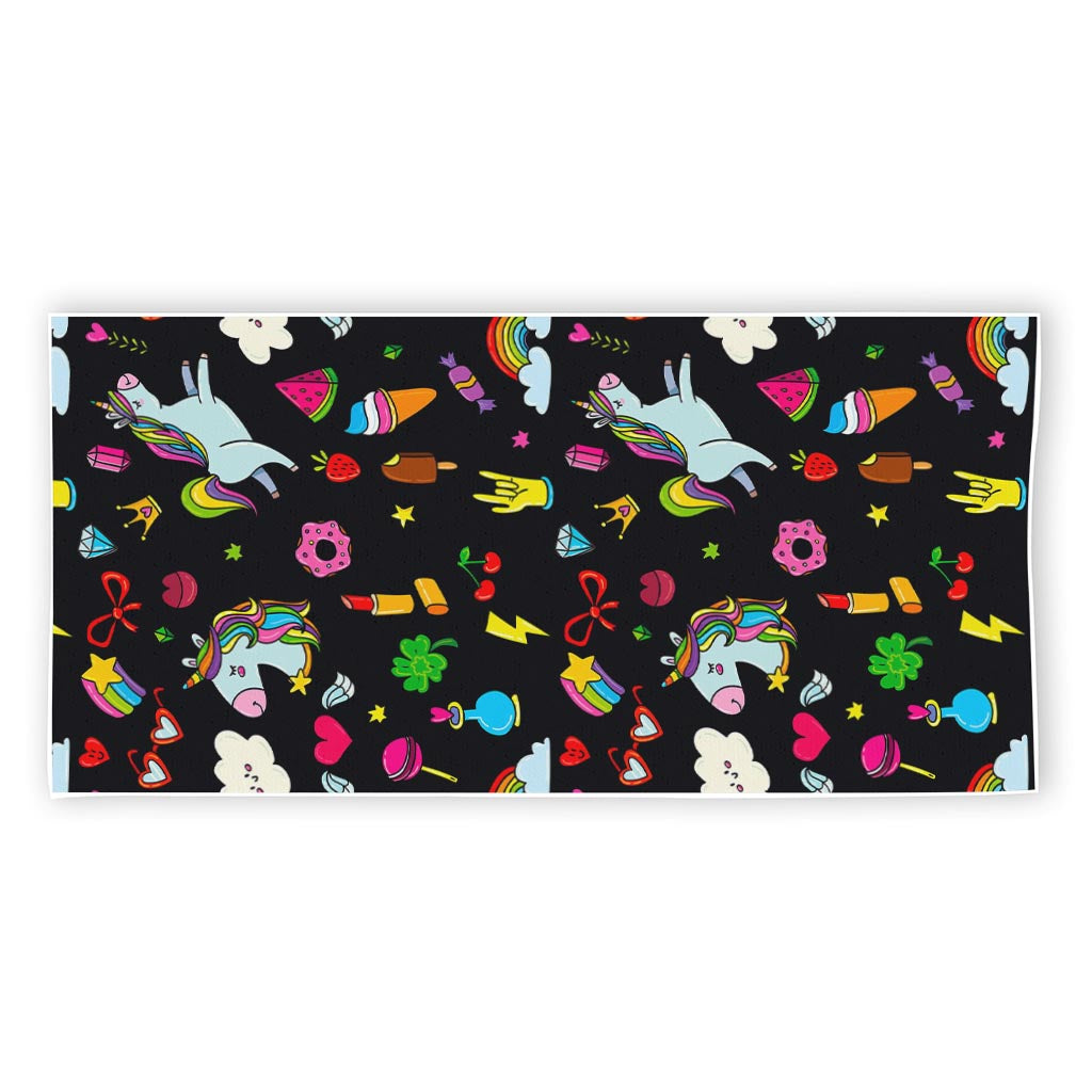 Black Girly Unicorn Pattern Print Beach Towel