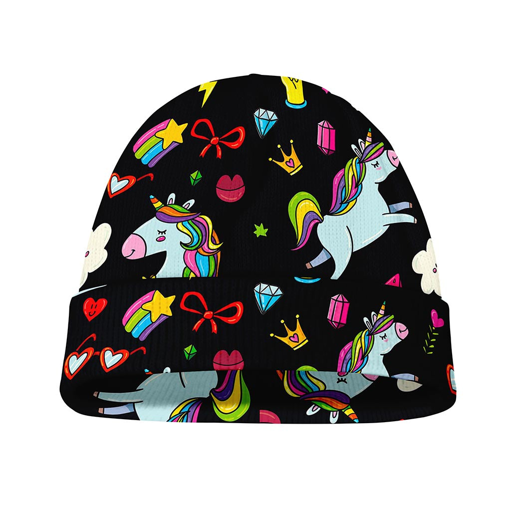 Black Girly Unicorn Pattern Print Beanie