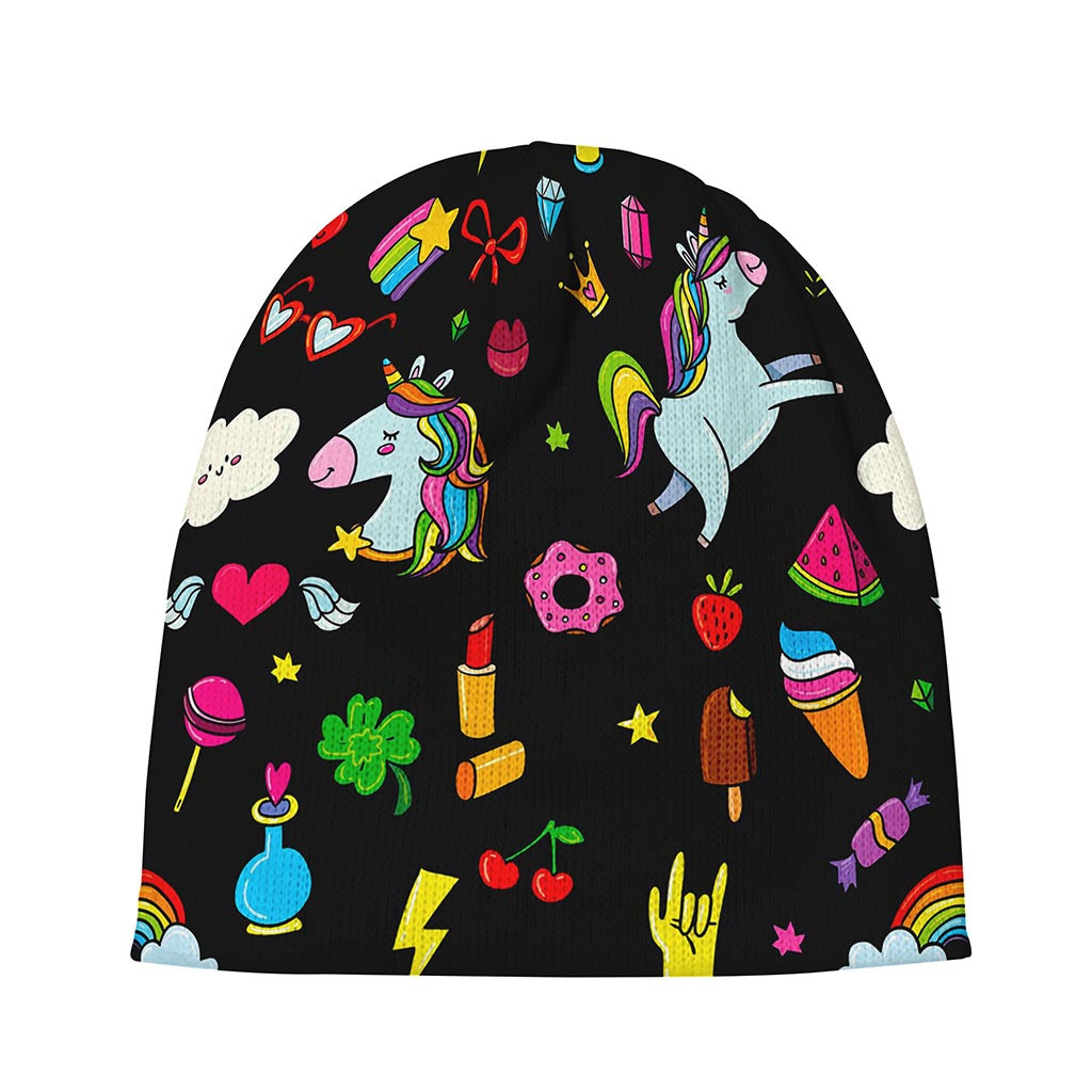 Black Girly Unicorn Pattern Print Beanie
