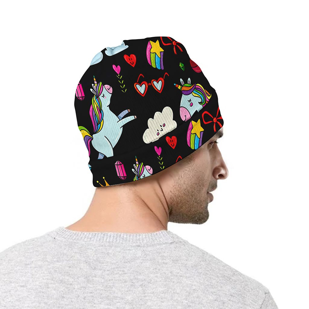 Black Girly Unicorn Pattern Print Beanie