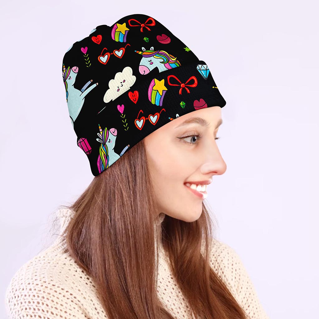 Black Girly Unicorn Pattern Print Beanie