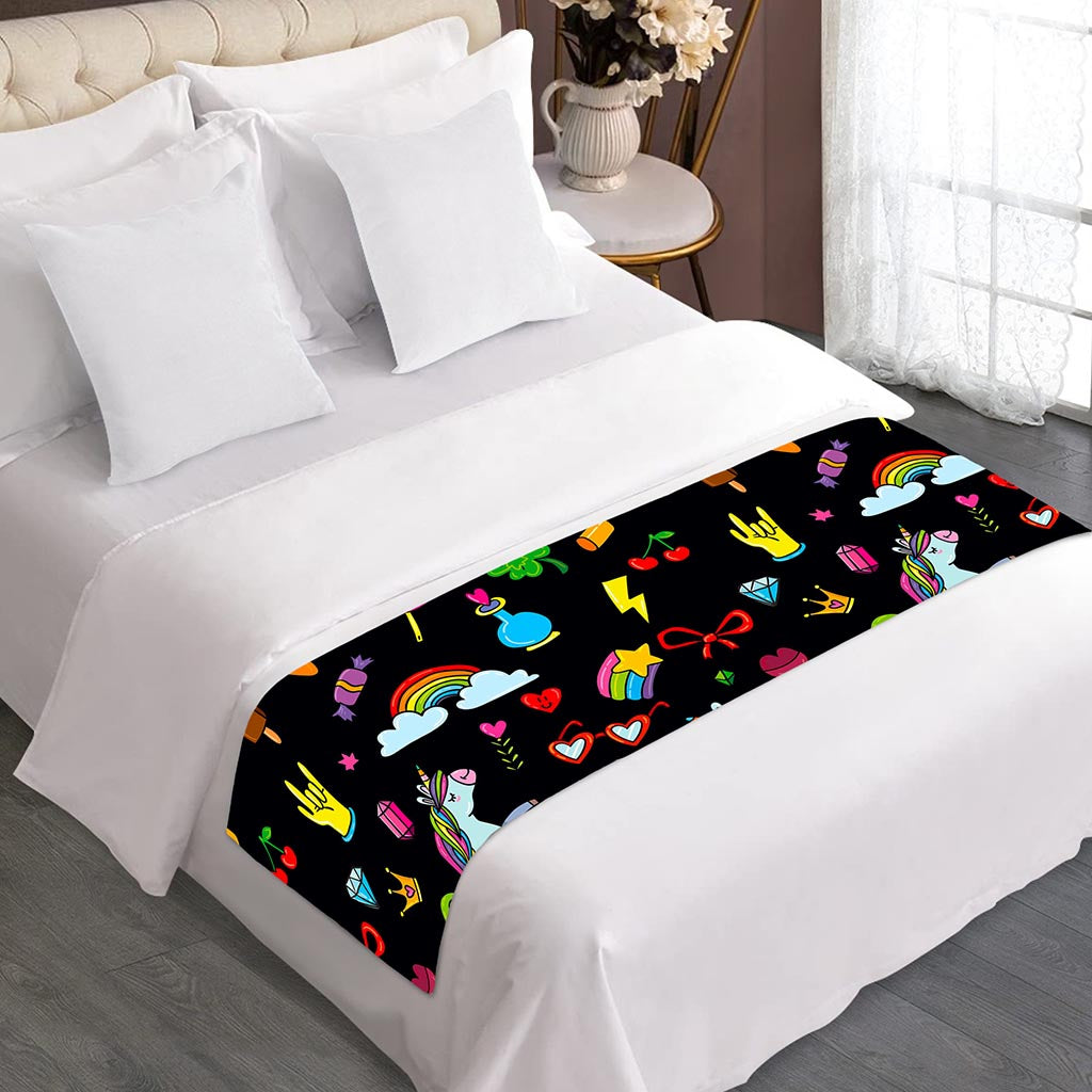 Black Girly Unicorn Pattern Print Bed Runner
