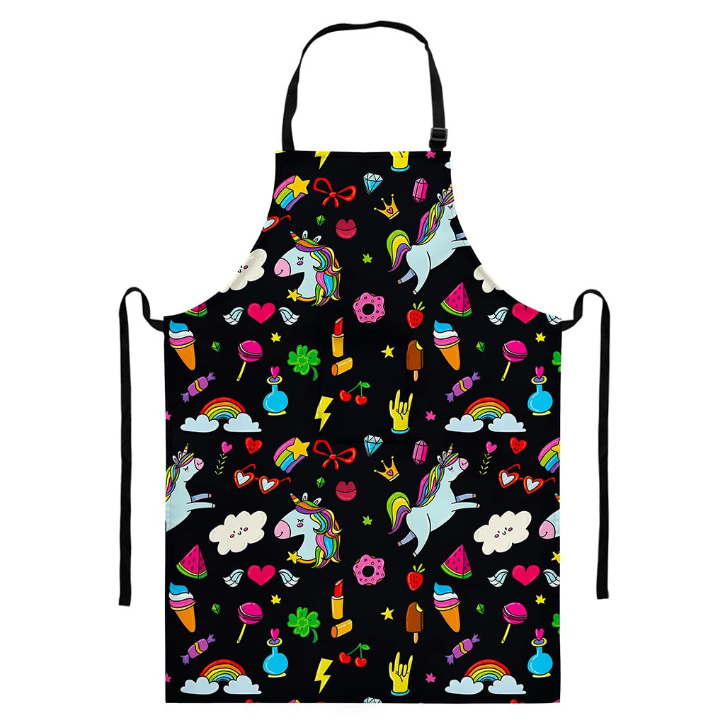 Black Girly Unicorn Pattern Print Bib Apron With Pocket