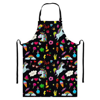Black Girly Unicorn Pattern Print Bib Apron With Pocket