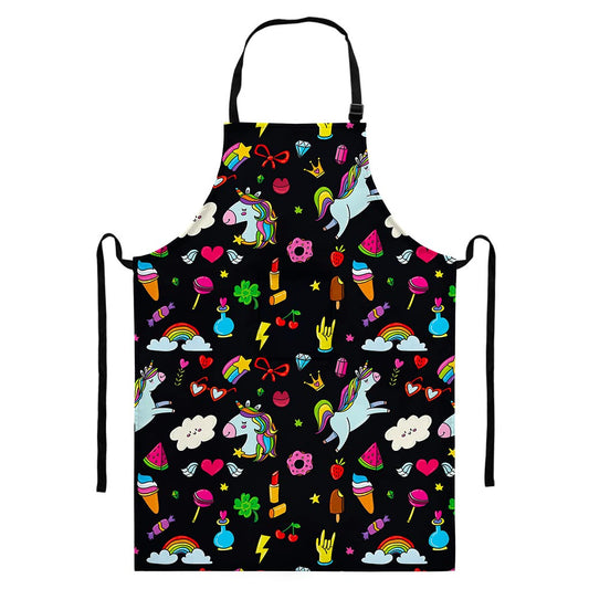 Black Girly Unicorn Pattern Print Bib Apron With Pocket