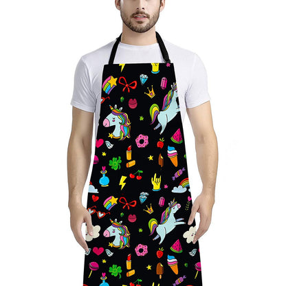 Black Girly Unicorn Pattern Print Bib Apron With Pocket