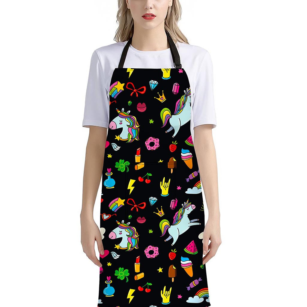 Black Girly Unicorn Pattern Print Bib Apron With Pocket