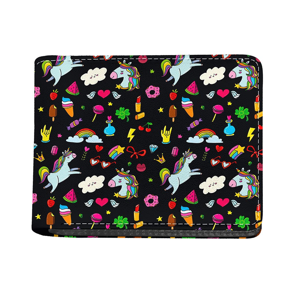 Black Girly Unicorn Pattern Print Bifold Wallet