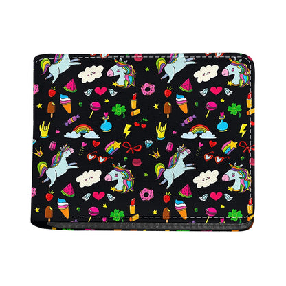 Black Girly Unicorn Pattern Print Bifold Wallet