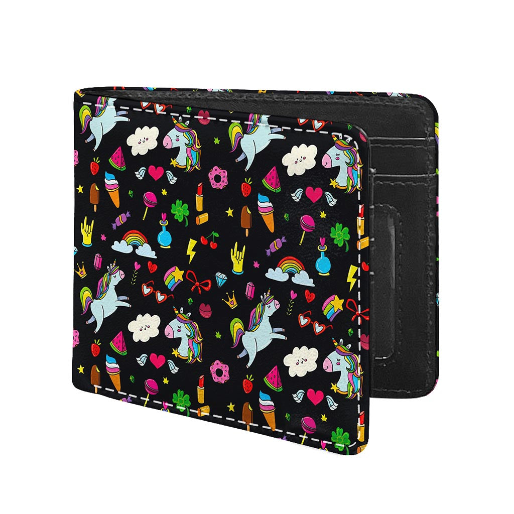 Black Girly Unicorn Pattern Print Bifold Wallet