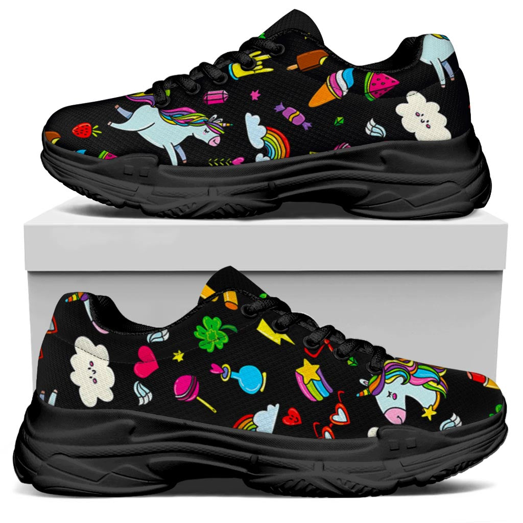 Black Girly Unicorn Pattern Print Black Chunky Shoes