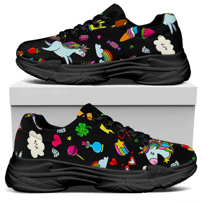 Black Girly Unicorn Pattern Print Black Chunky Shoes