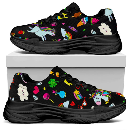 Black Girly Unicorn Pattern Print Black Chunky Shoes